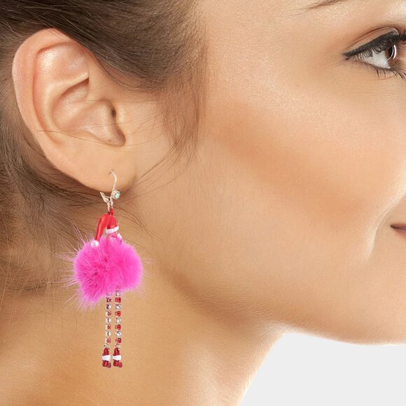 NWT $58 BETSEY JOHNSON Fluffy Flamingo Santa Hat Sparkly Drop Earrings Pink Red - Picture 3 of 3